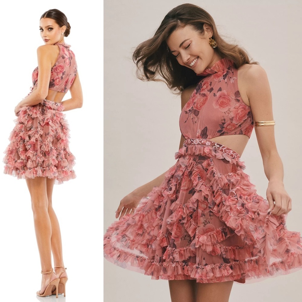 NWT MAC DUGGAL Floral Ruffle Tulle Sleeveless Beaded Cutout Waist Halter Dress 6 - Picture 2 of 9
